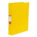 The photograph shows 10 bright yellow 5 Star Office 2 O-Ring Binders, each with 5-star branding on the cover. They are made of durable polypropylene and designed for A4-sized documents. The binders have a professional appearance, with 2 rings to securely hold paper.