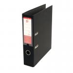 This image shows a pack of ten 5 Star Office Premium Polypropylene Lever Arch Files in black. Each file features a 5 star lever mechanism and is designed to hold A4 size documents. The files are neatly stacked on top of each other, making for easy storage and organization.