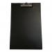 The photograph shows five black clipboards with a sleek PVC finish and a fold-over design. Each clipboard has a handy pocket and is suitable for storing Foolscap-sized papers. A professional and organized office essential.