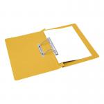 The image shows a pack of 50 bright yellow 5 Star Transfer and Pocket Transfer Files. These mediumweight files have a capacity of 38mm and are designed in foolscap size. Made of 285gsm paper, they feature a sturdy spring file mechanism for secure storage.