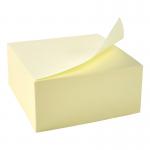 The image shows a yellow cube-shaped pad of 5 star Post-it and Re-Move Products sticky notes, measuring 76x76mm. The removable notes have a slightly textured surface and feature the brands logo in the top right corner. A few notes appear to have already been peeled off the cube, revealing a clean, white adhesive backing.