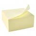 The image shows a yellow cube-shaped pad of 5 star Post-it and Re-Move Products sticky notes, measuring 76x76mm. The removable notes have a slightly textured surface and feature the brands logo in the top right corner. A few notes appear to have already been peeled off the cube, revealing a clean, white adhesive backing.