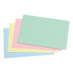 This picture shows a stack of 5 Star Office Record Cards, which are 152x102mm in size and come in a pack of 100. The cards are ruled on both sides and come in assorted colors. The cards are neatly organized in a 5 Star Card Indexing system, with each card easily accessible and visible. The index system is labeled with clear dividers, making it simple to locate the desired card. The overall appearance is clean, organized, and professional.