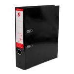 The picture shows a stack of 10 black A4 lever arch files from the 5 Star Office brand. Each file has a 5 Star rating and a lever arch mechanism for easy opening and closing. The files are neatly arranged, with clean edges and a glossy finish. The labels on the spines clearly display the file names or categories. Overall, the picture portrays a professional and organized document storage solution.