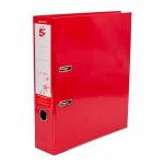 The photograph shows 10 red A4 5 Star lever arch files neatly stacked on top of each other. Each file features a label on the spine with the brand name 5 Star and the words Lever Arch File printed in white. The files are all closed, giving a clear view of their smooth, shiny covers and neatly bound edges.