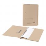 The image shows a stack of 25 medium-weight buff-colored spring pocket files. Each 5-star eco transfer file is made from 285gsm recycled material and is designed to hold foolscap-sized documents. These eco-friendly files are perfect for organizing and storing important papers.