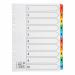This picture shows a set of 10 numbered dividers, featuring vibrant multicolour tabs. Each divider is reinforced with mylar and is hole-punched, perfect for organizing A4-sized documents. Made from high-quality 150gsm white paper, these dividers have a professional and durable look.