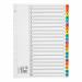 This photo features a set of 5 Star Office index dividers with numbered tabs 1-20, made of sturdy 160gsm white paper with reinforced mylar for durability. The tabs are multicolored for easy organization and are multipunched to fit A4 binders.