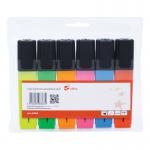 The photo shows a pack of six 5 Star Office Highlighters with chisel tips. Each highlighter has a 1-5mm line and comes in assorted colors.