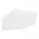 The photograph shows a pack of 100 5x3in white record cards, with ruled backs and indexes for easy organizing. The cards are made for office use and have a 5 star rating. They are perfect for keeping your important records in order.