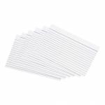 The image shows a pack of 100 6x4 inch white office record cards with a 5-star rating. The cards are ruled on both sides and are designed for indexing and organizing. These cards are perfect for keeping important information in order and easily accessible. The clean and professional design makes them a useful addition to any office setting.