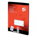 A photo of these 5 Star Multipurpose Labels shows a pack of 2400 white, laser-copier-inkjet compatible labels. Measuring 64x34mm, they are versatile and suitable for various office needs.