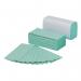 This photograph features a pack of 15 green VOW Hand Towels from 5 Star Facilities. Each towel is C-Fold and made from 1-ply recycled material, measuring 220x305mm.