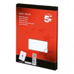The photograph shows a pack of 400 white 5 Star Multipurpose Labels, specifically designed for use with laser copiers and inkjet printers. Each label measures 139x99.1mm and is perfect for organizing and labeling various items. The labels feature the 5 Star Office brand logo and are arranged neatly in rows within the pack.