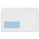 This picture shows a stack of 500 5 Star DL envelopes. Each envelope is 220x110mm in size and is made of 100gsm white paper. They have a wallet design and feature a convenient peel and seal closure. The envelopes also have a window for easy viewing of the contents.