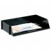This photograph shows five stackable black letter trays from 5 Star Office. The trays are made of high-impact polystyrene and have a wide entry for easy sorting and organizing. Perfect for any office setting.