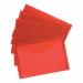 The photo shows a stack of 5 Star Popper Wallets and Zip Files, along with a pack of 5 Star Office Envelope Stud Wallets in translucent red. The wallets are made of polypropylene and are designed to hold A4 sized documents. The bright red color adds a pop of color to any office desk.