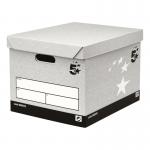 Opening an image of the 5 Star Archive Storage Boxes, you see a pack of 10 self-assembly facilities storage boxes with lids. The boxes measure 336x391x285mm and have the brand name 5 Star printed on the front. Each box has a white base and a matching grey lid, providing a clean and professional look. The boxes are stacked neatly and organized, perfect for storing documents or other items.