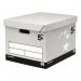 Opening an image of the 5 Star Archive Storage Boxes, you see a pack of 10 self-assembly facilities storage boxes with lids. The boxes measure 336x391x285mm and have the brand name 5 Star printed on the front. Each box has a white base and a matching grey lid, providing a clean and professional look. The boxes are stacked neatly and organized, perfect for storing documents or other items.