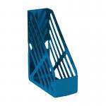 The picture shows a blue magazine rack with the words 5 Star Books and Magazine Racks on it. The rack has multiple compartments for storing magazines and files, and is designed to fit foolscap-sized documents. The sleek and sturdy design makes it perfect for any office space.