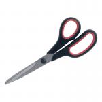 The picture shows a pair of black and red 5 Star Office Scissors with rubber handles. The blades, made of stainless steel, measure 210mm and have a sharp, precise edge. The scissors are of high quality, with a 5-star rating, and are suitable for various office or household tasks.