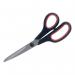 The picture shows a pair of black and red 5 Star Office Scissors with rubber handles. The blades, made of stainless steel, measure 210mm and have a sharp, precise edge. The scissors are of high quality, with a 5-star rating, and are suitable for various office or household tasks.
