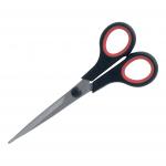 The photo shows two pairs of stylish, high-quality scissors with rubber handles. The blades are made of durable stainless steel, and the color scheme is a sleek black and red. These scissors appear to be the perfect addition to any office or crafting space.