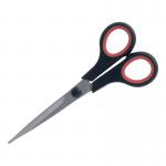 The photo shows a pair of sleek, professional-looking 5 Star Scissors. The handles are made of rubber for a comfortable grip, while the stainless steel blades have a sharp edge for precise cutting. The scissors black and red color scheme adds a touch of style to this practical tool.
