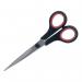 The photo shows a pair of sleek, professional-looking 5 Star Scissors. The handles are made of rubber for a comfortable grip, while the stainless steel blades have a sharp edge for precise cutting. The scissors black and red color scheme adds a touch of style to this practical tool.