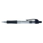 The picture shows 10 sleek, black ballpoint pens with retractable grips. The pens have a medium 1mm tip and create a thin 0.4mm line. The design is simple and elegant, perfect for any professional setting.