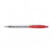 The photograph captures a pack of 10 5 Star retractable grip ballpoint pens with a sleek red finish. Each pen has a medium 1mm tip size and produces a 0.4mm line, suitable for everyday use. The pens are neatly arranged and ready for writing tasks.