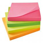 This photo features five star Post-it and Re-Move products, specifically an office Re-Move notes repositionable neon pad. The pad contains 100 sheets and measures 76x76mm. This pack includes 12 assorted colors.