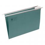 The image shows a pack of 5 Star Suspension Filing, containing 50 files with tabs and inserts. The files are made of green manilla material, with a 15mm V-base and 180gsm weight. The files are designed to fit A4 paper and have a professional and organized appearance.