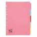 The picture shows a pack of 50 5 Star Eco Dividers for office use. They are 5-part and made of 155gsm recycled card in A4 size. The dividers come in assorted colors and feature multi-punched holes for easy organization. Perfect for eco-conscious offices.