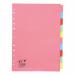 This photograph features a pack of 25 10-part subject dividers made from 155gsm recycled card. The dividers are multipunched and come in A4 size. The pack includes a variety of vibrant colors for easy organization.