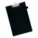 The image features a sleek black clipboard with a durable PVC cover, perfect for standard size documents. The 5 star rating and branding add a professional touch.