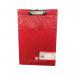 This picture shows a red 5 Star Office Fold-over Clipboard with a front pocket, designed for foolscap paper. The sleek and professional design features 5 silver clip fastenings, providing a secure and stylish way to hold and organize important documents.