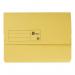 The photograph shows a set of 50 5 Star Eco Document Wallets in yellow. Each wallet has a half flap and can hold up to 32mm of A4 sized documents. The wallets are made from 285gsm recycled material, making them an environmentally friendly choice.