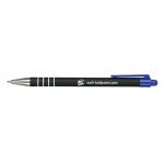 This photograph showcases a pack of 5 Star Office retractable ballpoint pens. The pens have a soft grip, a medium 1mm tip, and produce a 0.5mm blue line. There are a total of 12 pens in the pack. The clean and sleek design of the pens is highlighted in the photo.