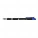 This photograph showcases a pack of 5 Star Office retractable ballpoint pens. The pens have a soft grip, a medium 1mm tip, and produce a 0.5mm blue line. There are a total of 12 pens in the pack. The clean and sleek design of the pens is highlighted in the photo.