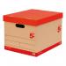 The picture shows 10 5 Star office storage boxes with lids, measuring 321x392x291mm. The boxes are self-assembly, made of Kraft material and have a red/brown color. The boxes are labeled as Archive Storage Boxes and are rated 5 stars.