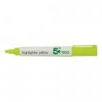 The photo displays five 5 Star Eco Pens and one 5 Star Eco Highlighter in bright yellow with a chisel tip. Each pen has a 1-5mm line capability. The pack contains a total of 10 writing instruments.