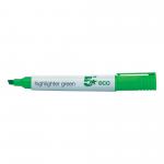 The picture shows 5 Star Eco Pens and a 5 Star Eco Highlighter in a pack of 10. The highlighter has a chisel tip with a line width of 1-5mm and is in the color green. The pens and highlighter are made with eco-friendly materials and have a 5-star rating. The packaging is simple and environmentally conscious. The product appears to be high-quality and perfect for anyone looking for an eco-friendly writing solution.