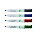 The photo shows a pack of 5 Star Eco Pens, including 5 Star Eco Drywipe Marker Chlorine-free with a chisel tip size of 2-5mm. The pack contains four assorted colors. The packaging is clean and minimalistic, with a white background and bold, eco-friendly branding. The pens and markers have a sleek, modern design, made from recycled materials. Each pen has a comfortable grip for writing and the chisel tip allows for precise and smooth lines. Overall, the photo conveys a professional and environmentally-conscious product.