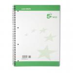 The photograph features a stack of 5 Star A4 notepads and notebooks. The eco spiral pads are ruled with a recycled margin and perforated, making them more sustainable. They have 4 holes and contain 100 pages each. The color scheme is green and white, and the pack includes 10 pads.