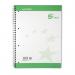 The photograph features a stack of 5 Star A4 notepads and notebooks. The eco spiral pads are ruled with a recycled margin and perforated, making them more sustainable. They have 4 holes and contain 100 pages each. The color scheme is green and white, and the pack includes 10 pads.