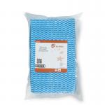 The photograph features a stack of 5 Star Cloths and Wipes, specifically the 5 Star Facilities Wave Line Mid-weight Cleaning Cloth, in a vibrant blue color. Each cloth measures 500x300mm and the pack contains 50 cloths. The material is a sturdy 40gsm weight, perfect for tackling tough cleaning tasks.