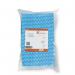 The photograph features a stack of 5 Star Cloths and Wipes, specifically the 5 Star Facilities Wave Line Mid-weight Cleaning Cloth, in a vibrant blue color. Each cloth measures 500x300mm and the pack contains 50 cloths. The material is a sturdy 40gsm weight, perfect for tackling tough cleaning tasks.