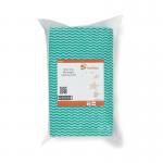 This image features a pack of 5 star cloths and wipes from 5 star facilities. The cleaning cloth has a green wave line pattern and measures 500x300mm. Each cloth weighs 40gsm and the pack includes 50 cloths.