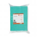 The image shows a pack of 25 green heavy duty cleaning cloths by 5 Star Facilities. Each cloth measures 500x300mm and has a 76gsm anti-microbial design. The cloths are neatly folded and stacked next to a roll of 5 Star Cloths and Wipes, giving off a professional and high-quality appearance.